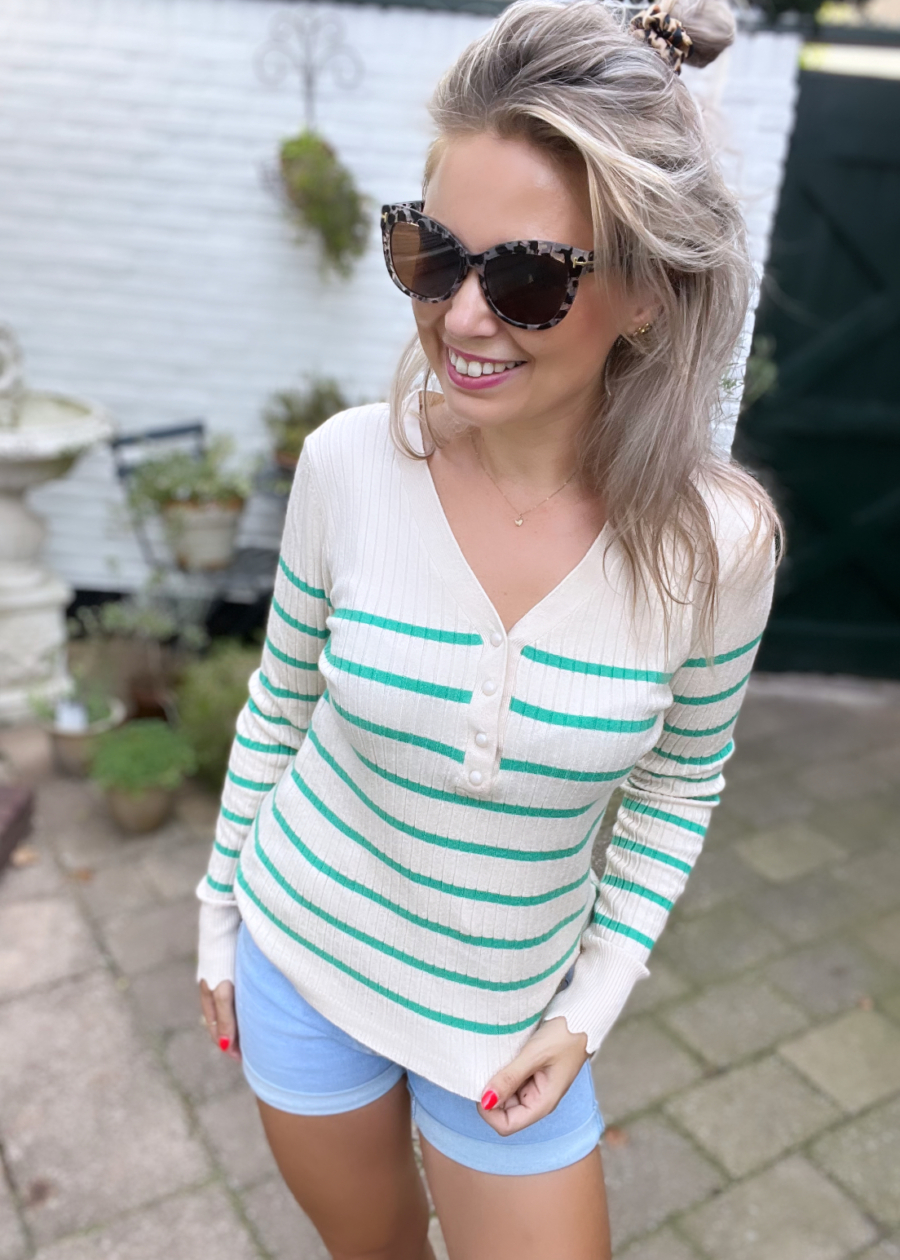 Beige Longsleeve met groene strepen